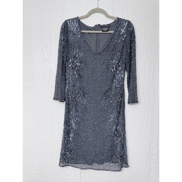 Pisarro Nights Dresses & Skirts - Pisarro Nights Womens Size 12 Beaded Floral Mesh Dress Grey V-Neck 3/4 Sleeve
